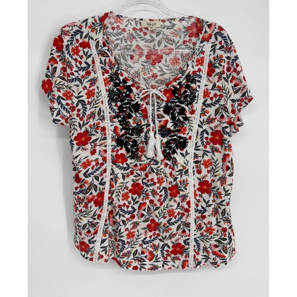Style & Co Womens Large Floral Embroidered Tassel Boho Top Red White Navy Sz L